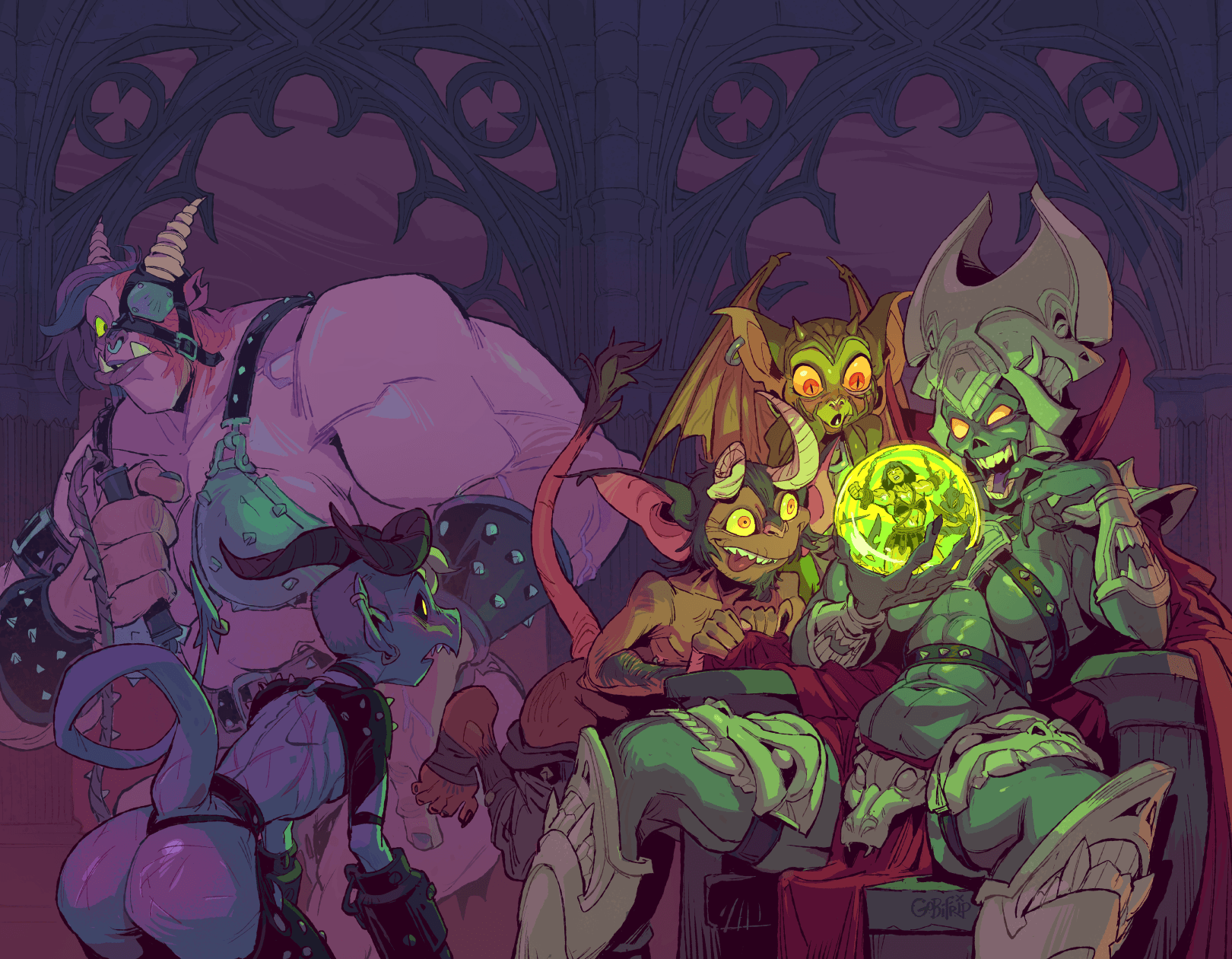 Whimsically sexy-humorous fantasy art portraying a green-skinned, skull-faced evil cartoon mastermind type chilling on her throne and looking into a crystal ball at an image of a muscular, heroic warrior woman in chains. Four demonic minions of various sizes, with various combinations of horns, tails, wings, tusks, and big pointed ears crowd around, gazing at the barbarian hero's image with various kinds of interest.
